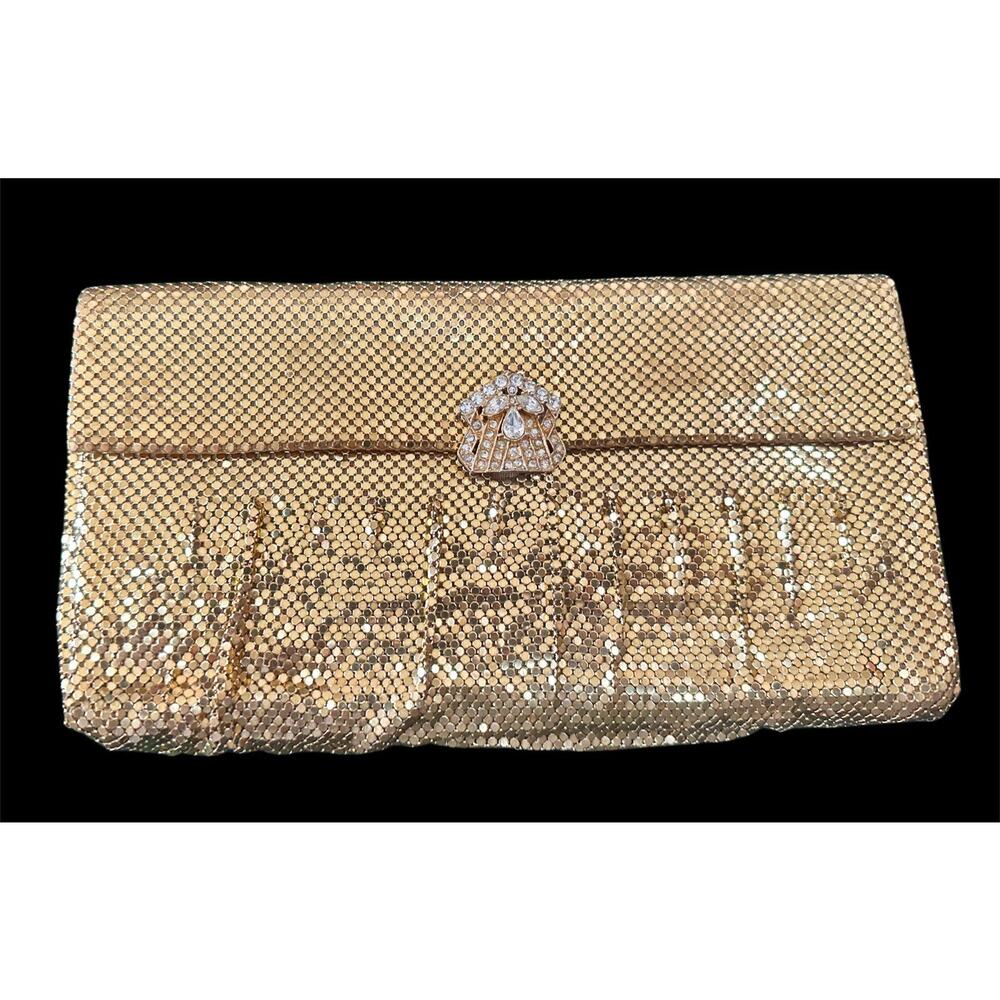Vintage Whiting & Davis Gold Mesh Clutch Purse Rhinestone Clasp Evening Bag USA